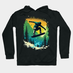 Snowboarder Catching Air with Mountains Trees Snowboarding Hoodie